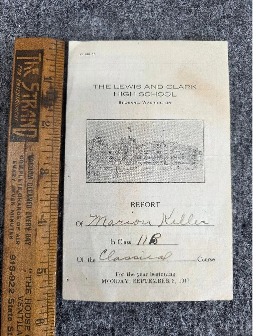 1917 Lewis and Clark High School Spokane WA Student Report Card